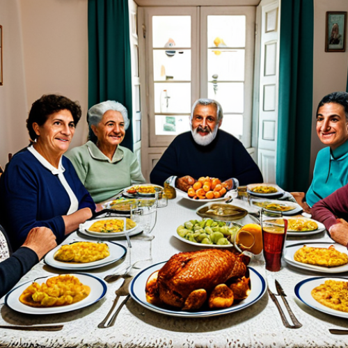 Home 4 Family Values in Portugal**
"A multigenerational Portuguese family, fully clothed in modest clothing, gathered around a dining table in a cozy home. Traditional Portuguese food is displayed. Safe for work, appropriate content, perfect anatomy, natural proportions, professional photography, family-friendly atmosphere, showing respect for elders."
**