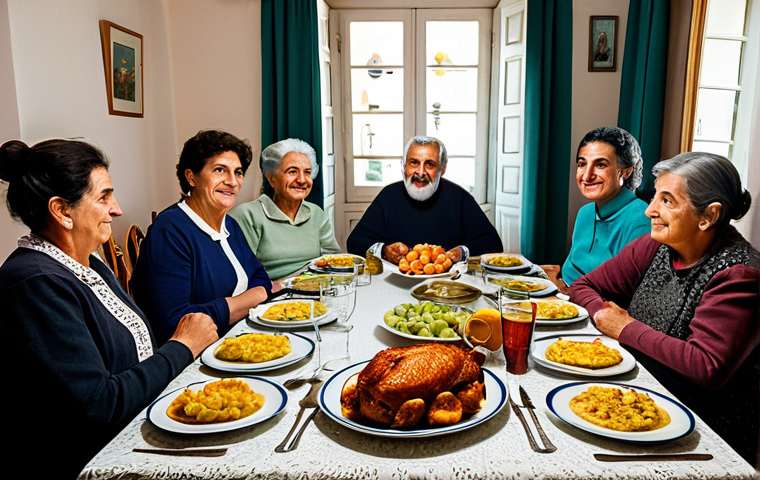 Family Values in Portugal**

"A multigenerational Portuguese family, fully clothed in modest clothing, gathered around a dining table in a cozy home. Traditional Portuguese food is displayed. Safe for work, appropriate content, perfect anatomy, natural proportions, professional photography, family-friendly atmosphere, showing respect for elders."

**